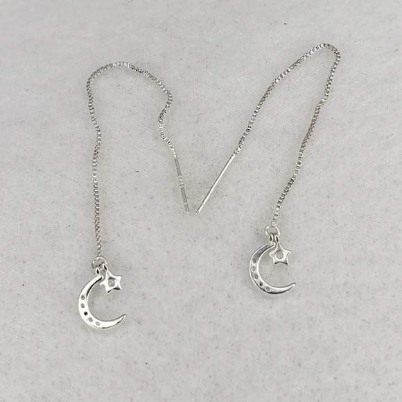 Sterling Silver 925 Earrings Moon and Star Dangle Drop Threaded Tassel Earrings - Picture 2 of 6